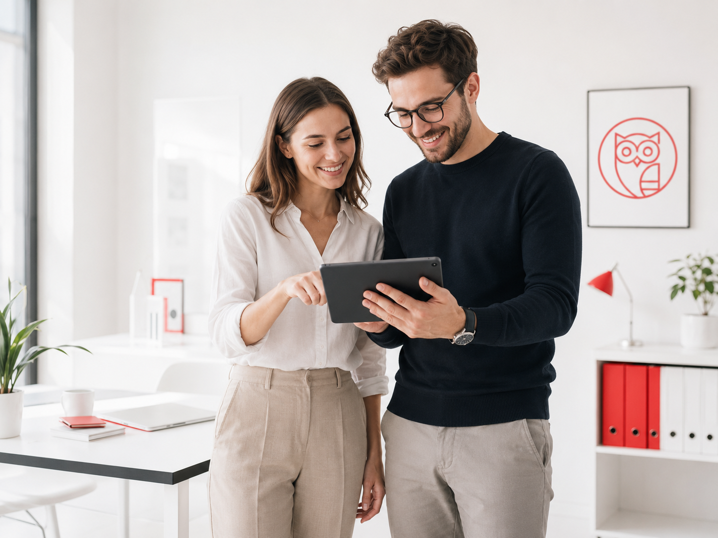 Zwei Personen besprechen ihre Steuerunterlagen am Tablet – Werbungskosten 2026